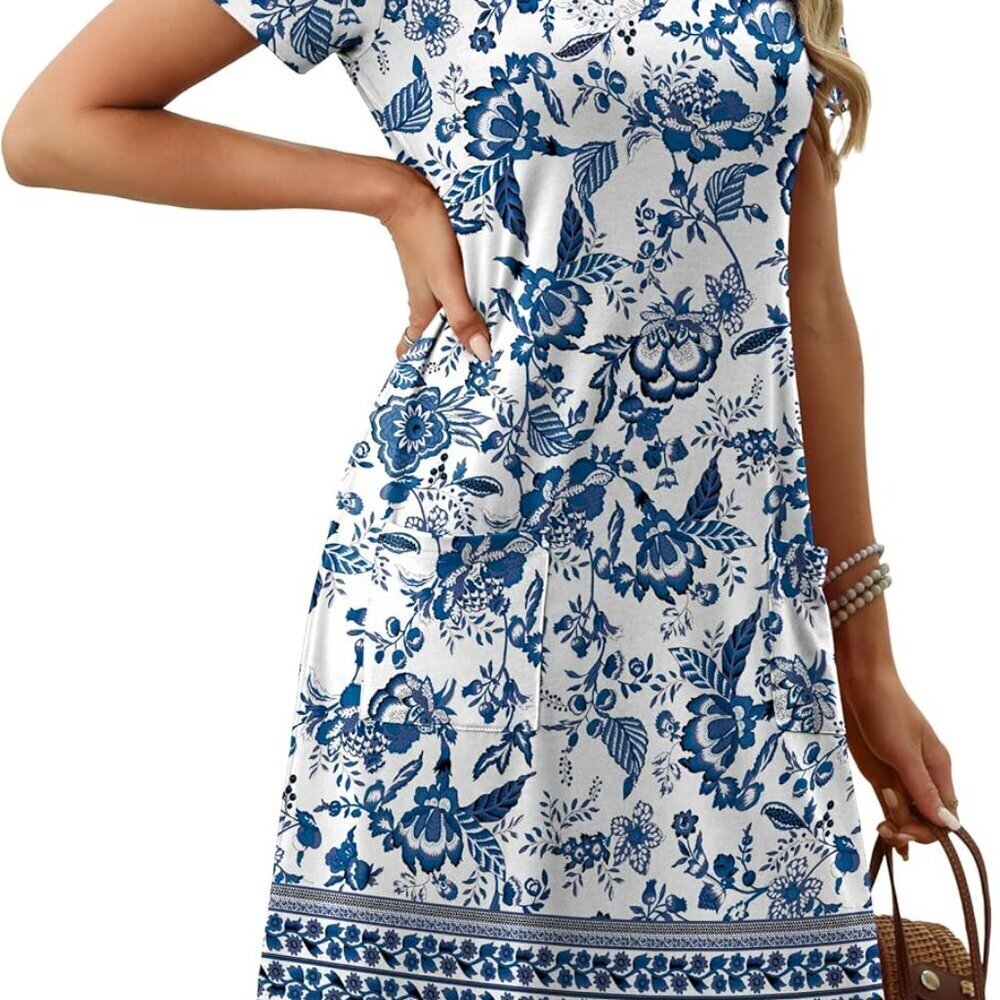 Women Summer Dress Loose U Neck Short Sleeve Casual Beach Vacation Dress - Picture 3 of 4